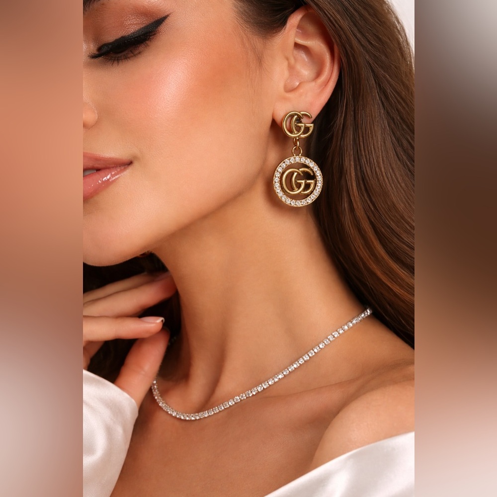 Luxury Antique Gold Rhinestone-Trim Double G Drop Earrings - Picture 2 of 3